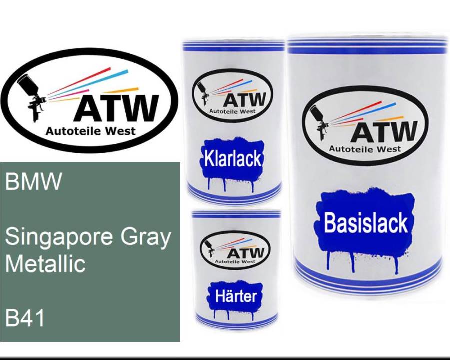 BMW, Singapore Gray Metallic, B41: 500ml Lackdose + 500ml Klarlack + 250ml Härter - Set, von ATW Autoteile West.